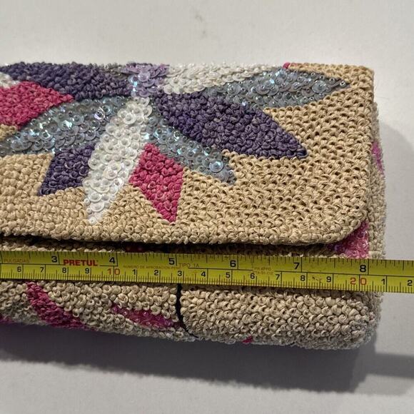 Floral Sequin Rafia Evening Clutch Purse Wedding Prom Vintage Inspired Boho - Picture 8 of 9